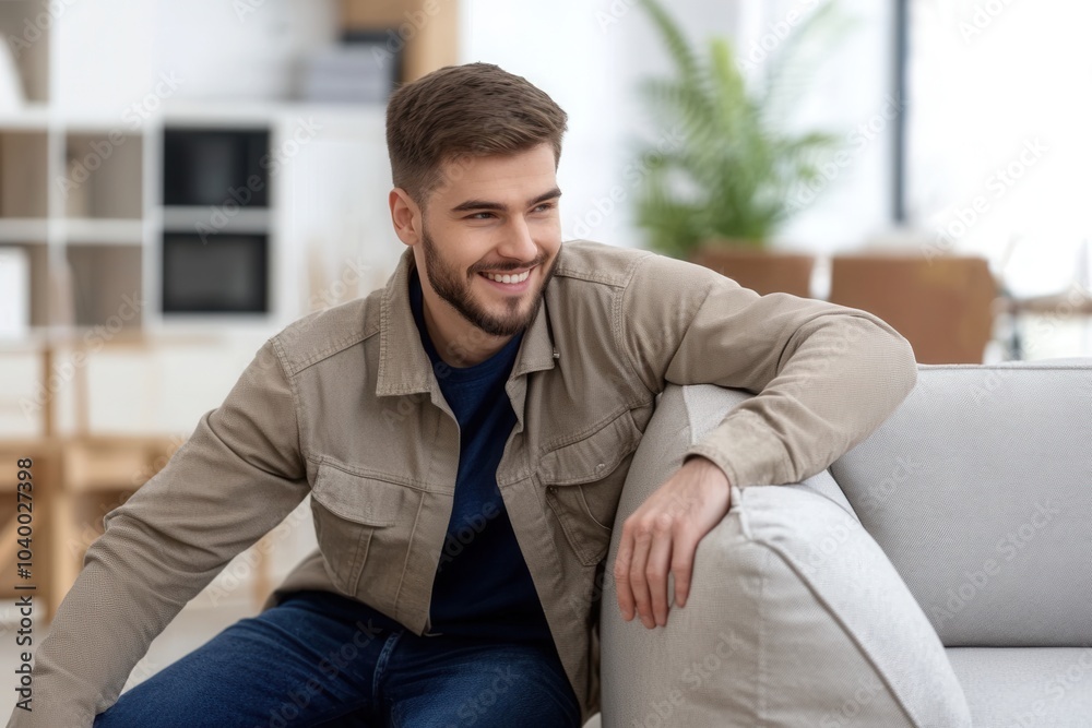 A smiling young man sits comfortably on a light colored sofa in a stylish living room. Sunlight filters through large windows, creating a warm, inviting atmosphere with contemporary décor around him. A smiling young man sits comfortably on a light colored sofa in a stylish living room. Sunlight filters through large windows, creating a warm, inviting atmosphere with contemporary décor around him.