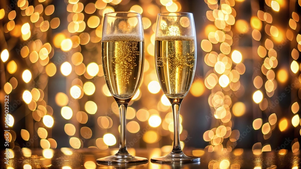 Two sparkling champagne glasses against a festive bokeh background. Two sparkling champagne glasses against a festive bokeh background.