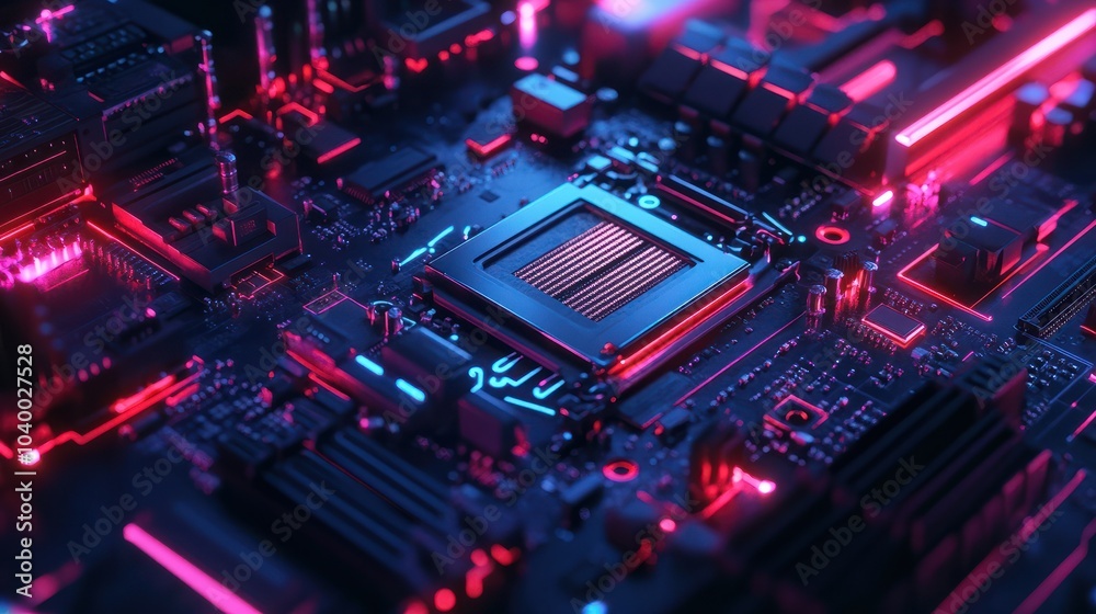 Central Computer Processor on motherboard with futuristic neon light Central Computer Processor on motherboard with futuristic neon light