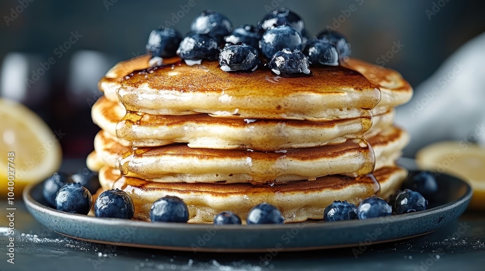 An enticing ensemble of pancakes topped with a generous heap of blueberries and drizzled with syrup, creating a delightful breakfast presentation. An enticing ensemble of pancakes topped with a generous heap of blueberries and drizzled with syrup, creating a delightful breakfast presentation.