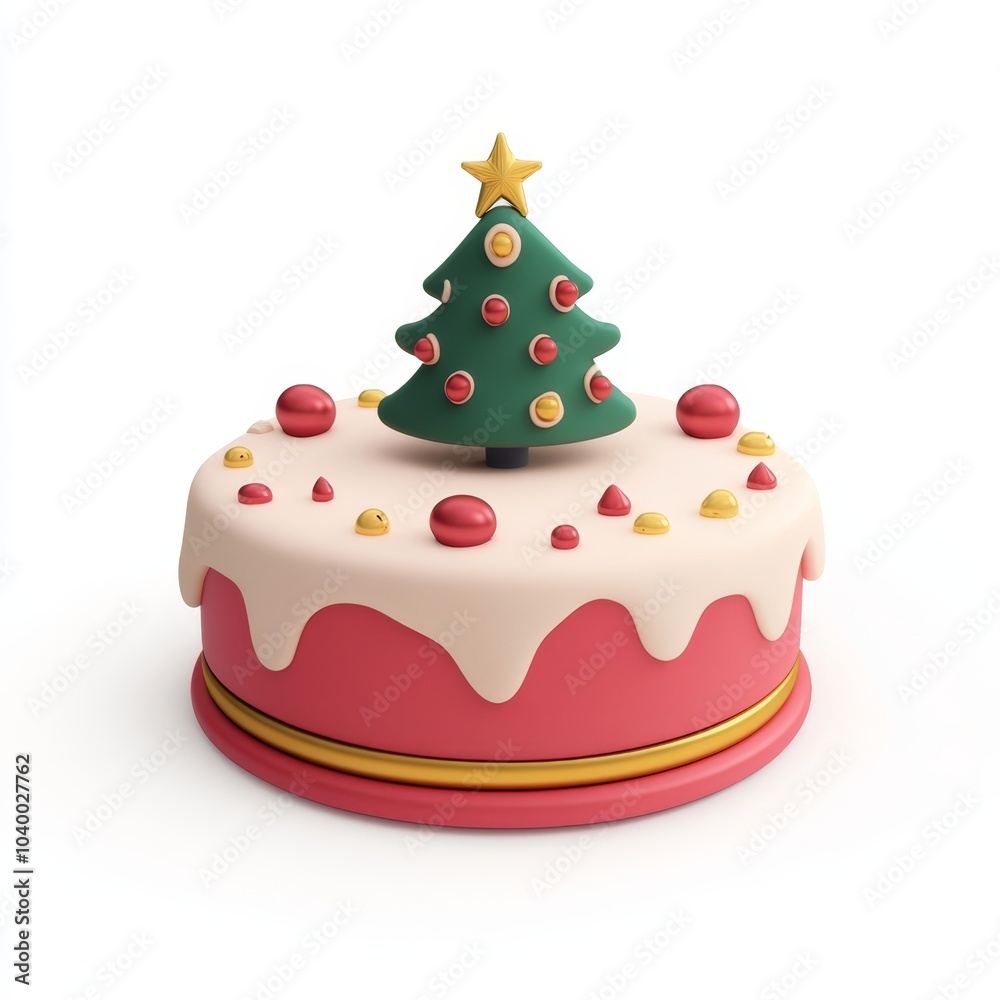 Festive 3D Render of Christmas Cake with Decorations on White Background Festive 3D Render of Christmas Cake with Decorations on White Background