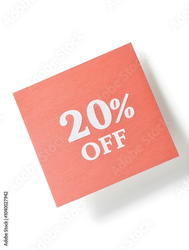 White '20% OFF' Text on a Peach Fuzz Square Paper Note. White Background 