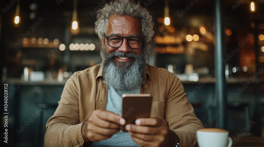 A bearded man wearing glasses happily uses his smartphone in a relaxed café environment, reflecting a sense of comfort and modern connectivity amidst warm tones. A bearded man wearing glasses happily uses his smartphone in a relaxed café environment, reflecting a sense of comfort and modern connectivity amidst warm tones.