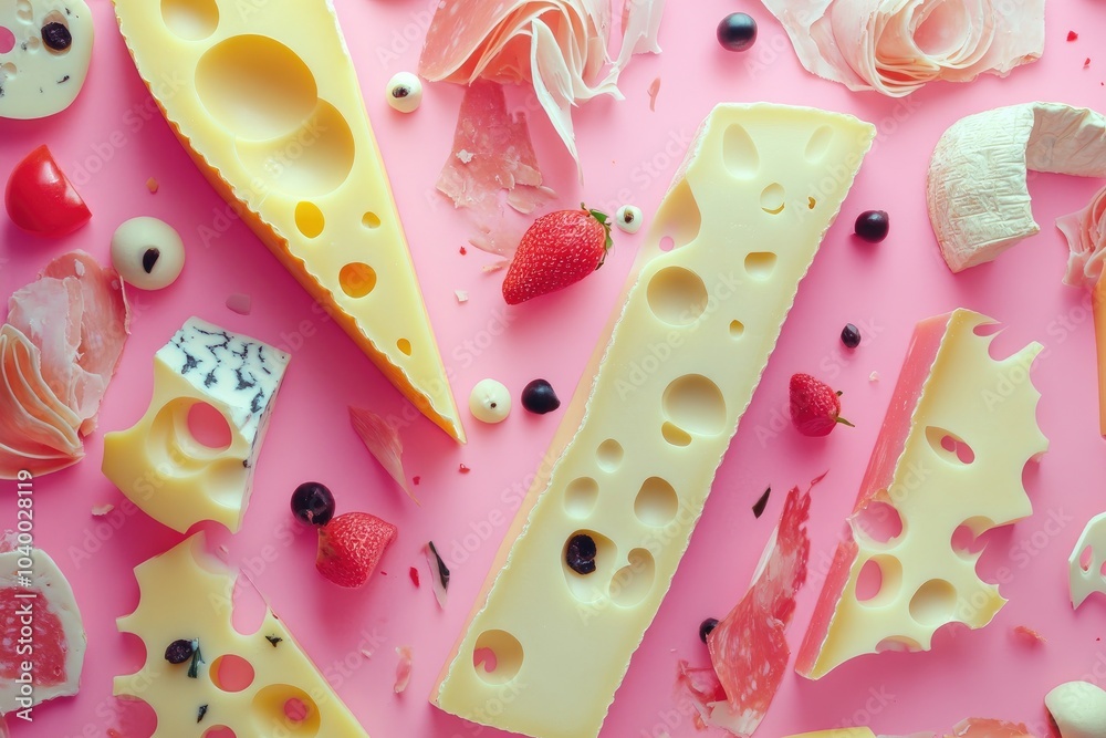 Cheese and Prosciutto on Pink Background Cheese and Prosciutto on Pink Background
