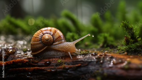 Snail crawling on a log in the forest, close-up