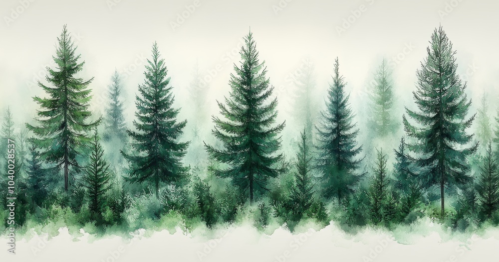 Winter forest, foggy landscape. Wild nature, frozen, misty, taiga. Watercolor background. Winter forest, foggy landscape. Wild nature, frozen, misty, taiga. Watercolor background.