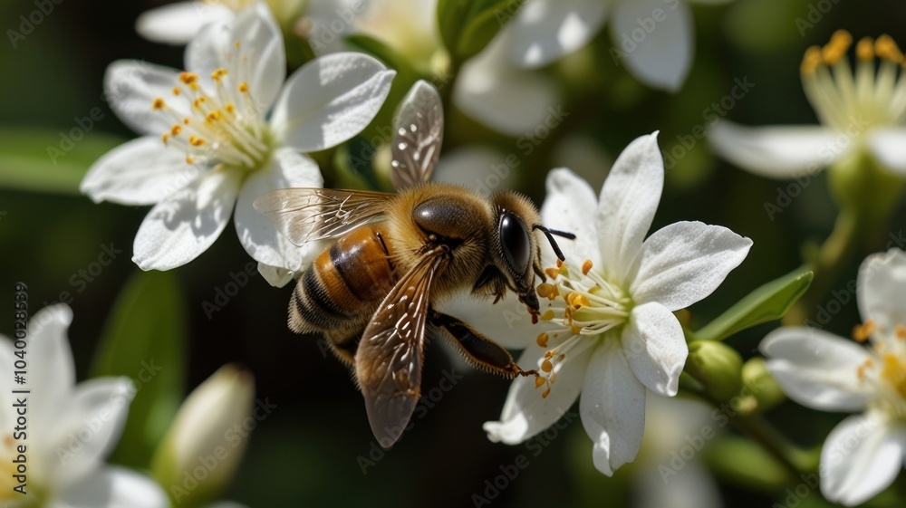 A bee pollinates a cluster of white flowers with yellow centers. A bee pollinates a cluster of white flowers with yellow centers.