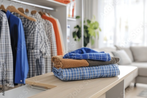 In a bright and inviting room, fresh laundry is elegantly stacked on a wooden table, complemented by a well organized display of shirts and colorful garments hanging nearby, creating a tidy and welcom photo