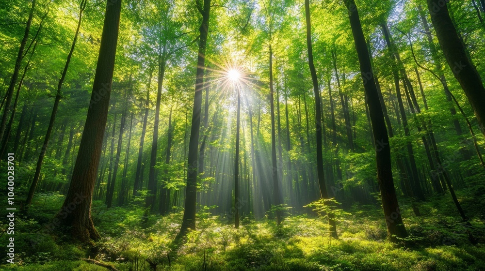 Fototapeta premium The view of the forest with tall green trees and sunlight streaming through the canopy creates a peaceful and pleasant atmosphere.