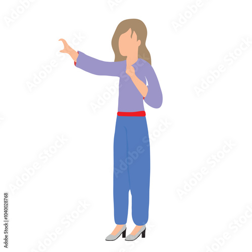Hand draw woman doing holding gesture with one hand and victory gesture with the other