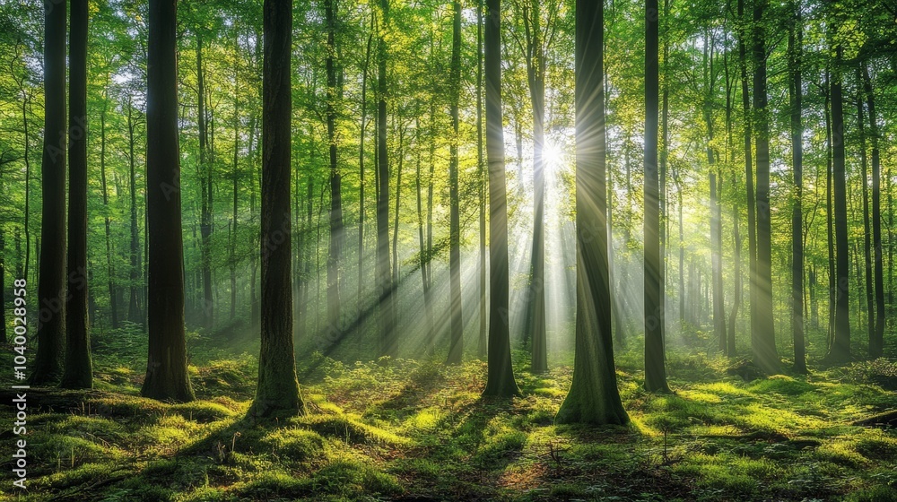 The view of the forest with tall green trees and sunlight streaming through the canopy creates a peaceful and pleasant atmosphere. The view of the forest with tall green trees and sunlight streaming through the canopy creates a peaceful and pleasant atmosphere.