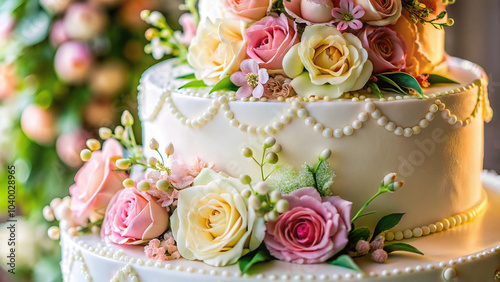 Elegant floral wedding cake with pink and white roses on a beautiful display.