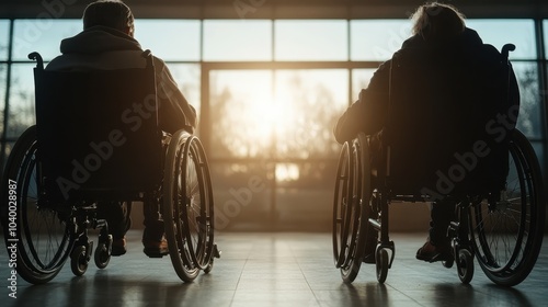 Two individuals in wheelchairs are silhouetted against the backdrop of a setting sun, highlighting themes of companionship, journey, and the passage of time. photo