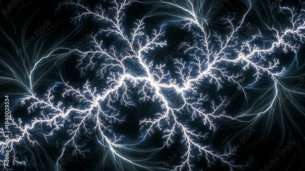 Fototapeta premium Fractal lightning pattern. Abstract digital art depicting a fractal lightning bolt, symbolizing energy and power, with intricate branching patterns.