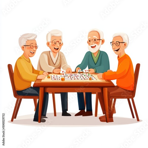 Senior man participating in a Mahjong tournament with friends, retiree social activity, cartoon style, bright colors, isolated on white background