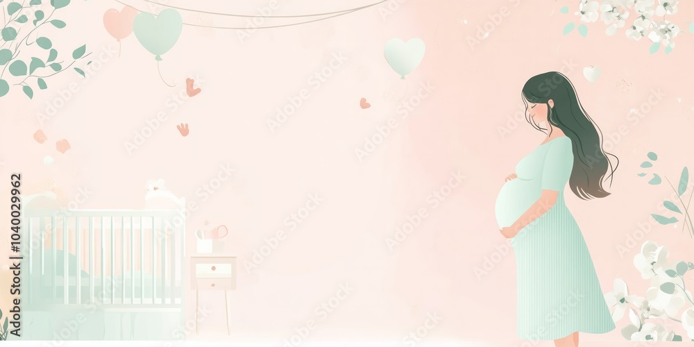 Happy young pregnant woman sitting near window of babys nursery at home. Mom preparing beautiful room interior Happy young pregnant woman sitting near window of babys nursery at home. Mom preparing beautiful room interior
