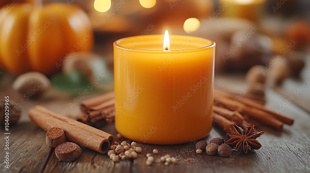 A close-up of a spiced pumpkin candle burning softly, surrounded by cinnamon sticks, nutmeg, and cloves, warm amber light flickering, the cozy and inviting scent of spiced pumpkin filling the room. A close-up of a spiced pumpkin candle burning softly, surrounded by cinnamon sticks, nutmeg, and cloves, warm amber light flickering, the cozy and inviting scent of spiced pumpkin filling the room.