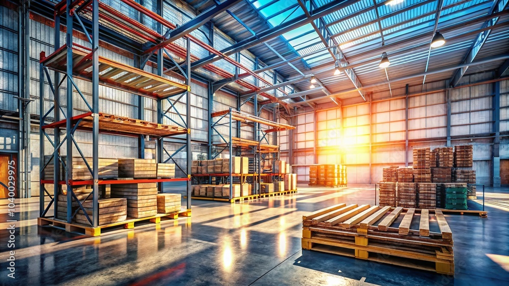High Dynamic Range Warehouse Interior with Industrial Elements and Natural Light Accents for Stock Photography