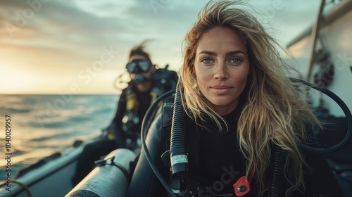 A confident female diver, surrounded by breathtaking ocean vistas at sunset, readies for an adventurous dive from a boat, exuding calmness and strength. photo