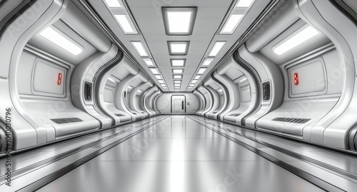 3D rendering of an abstract triangle spaceship corridor. Futuristic tunnel with light. Background for business and sci-fi ideas.