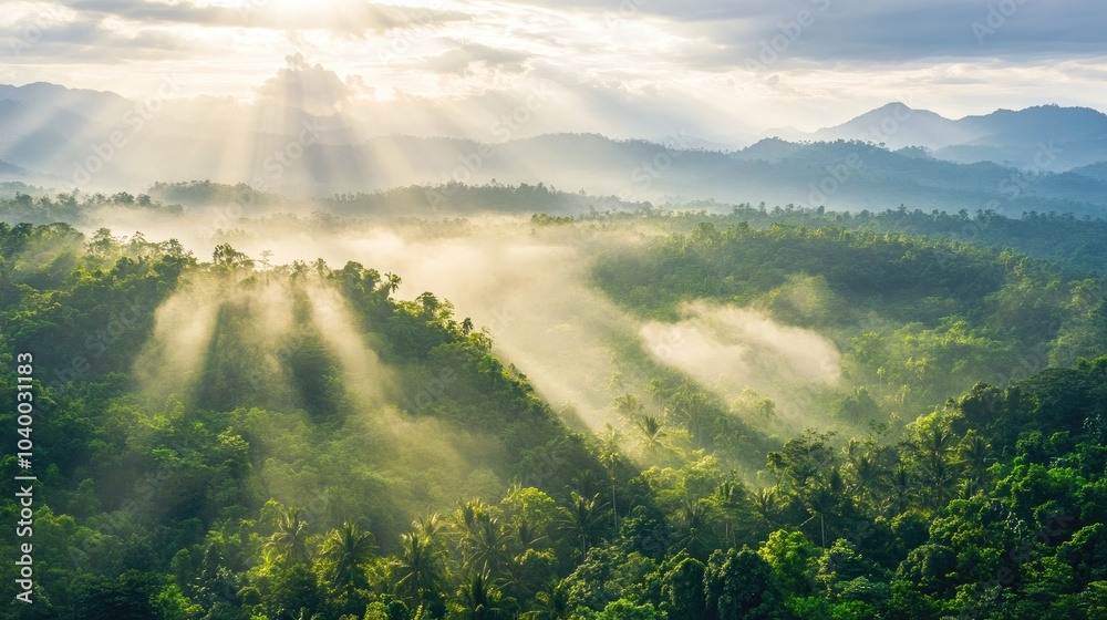 Serene Landscape with Sunlight and Mist in Tropics Serene Landscape with Sunlight and Mist in Tropics