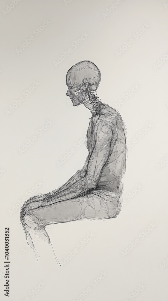 Obraz premium Side profile of an individual seated, emphasizing the contour of the waist and hips, creating an intimate and reflective atmosphere.