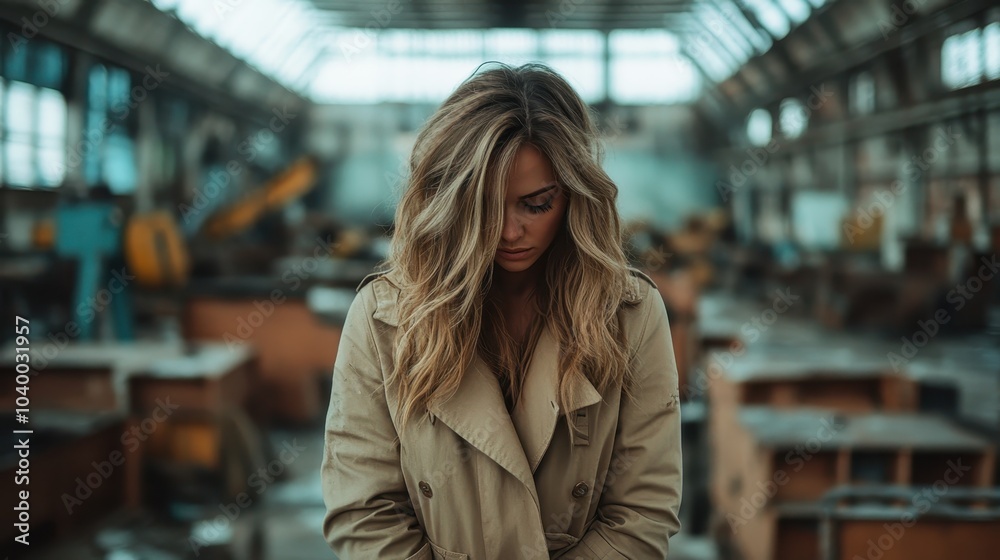 Inside an abandoned warehouse, a stylish woman with wavy hair contemplates her surroundings, standing among wooden crates and industrial debris. Inside an abandoned warehouse, a stylish woman with wavy hair contemplates her surroundings, standing among wooden crates and industrial debris.