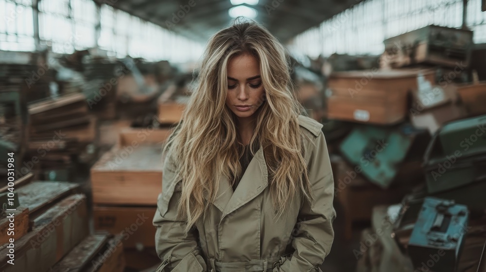 A woman with long blonde hair stands pensively inside an expansive vintage warehouse wearing a stylish trench coat, surrounded by old crates and machinery. A woman with long blonde hair stands pensively inside an expansive vintage warehouse wearing a stylish trench coat, surrounded by old crates and machinery.
