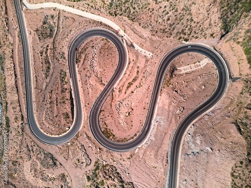 Twisty mountain road across the the Andes mountains near Potrerillos, Argentina. Aerial view.