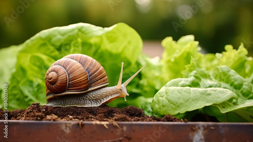 Snail crawling on the soil with green salad leaves in the garden