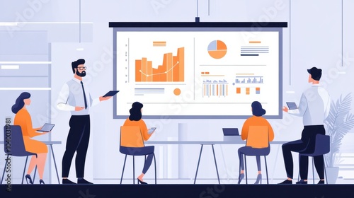 Conference Business Meeting Presentation: CEO Businessman Shows Data to Group of Investors, Businessspeople. Projector Screen Shows Graphs, Product Sales, Revenue Growth Strategy, e-Commerce Analysis