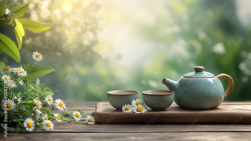 Loose leaf tea and chamomile, Rustic ceramic teapot and cups on weathered wooden surface. Loose leaf tea and chamomile, Rustic ceramic teapot and cups on weathered wooden surface.