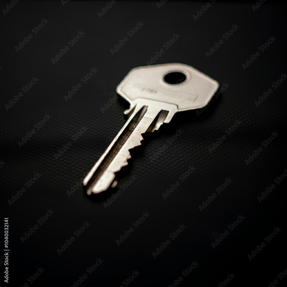 A single metal house key placed on a dark textured surface. A single metal house key placed on a dark textured surface.