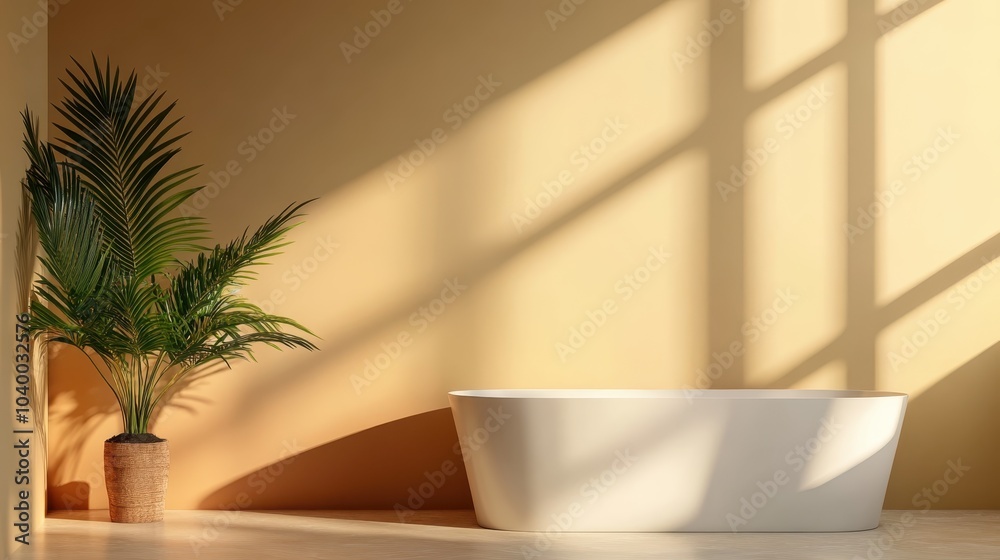 A minimalist bathroom scene with a large white tub positioned against a warm, sunny wall, complemented by a potted palm plant, radiating simplicity and relaxation. A minimalist bathroom scene with a large white tub positioned against a warm, sunny wall, complemented by a potted palm plant, radiating simplicity and relaxation.