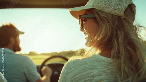 A woman with sunglasses and cap enjoys a scenic car ride under daylight, radiating with joy and capturing the essence of freedom and carefree exploration. photo