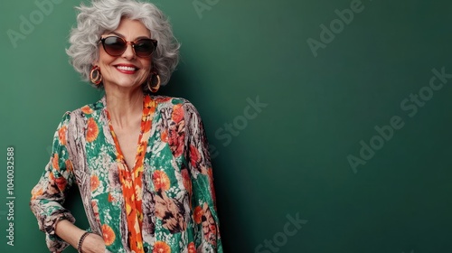 Confident senior gray haired female in stylish colorful clothes and trendy sunglasses smiling happily while standing against green wall looking at camera photo