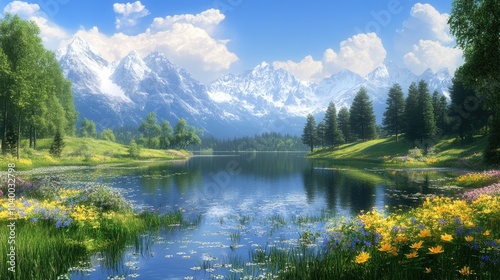 Serene Mountain Landscape with Lush Greenery and Lake
