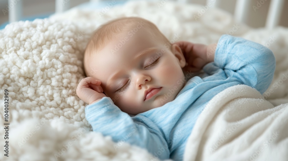 A cute baby dressed in blue sleeps calmly on a fluffy white blanket, capturing an essence of purity and innocence in this peaceful and heartwarming moment. A cute baby dressed in blue sleeps calmly on a fluffy white blanket, capturing an essence of purity and innocence in this peaceful and heartwarming moment.