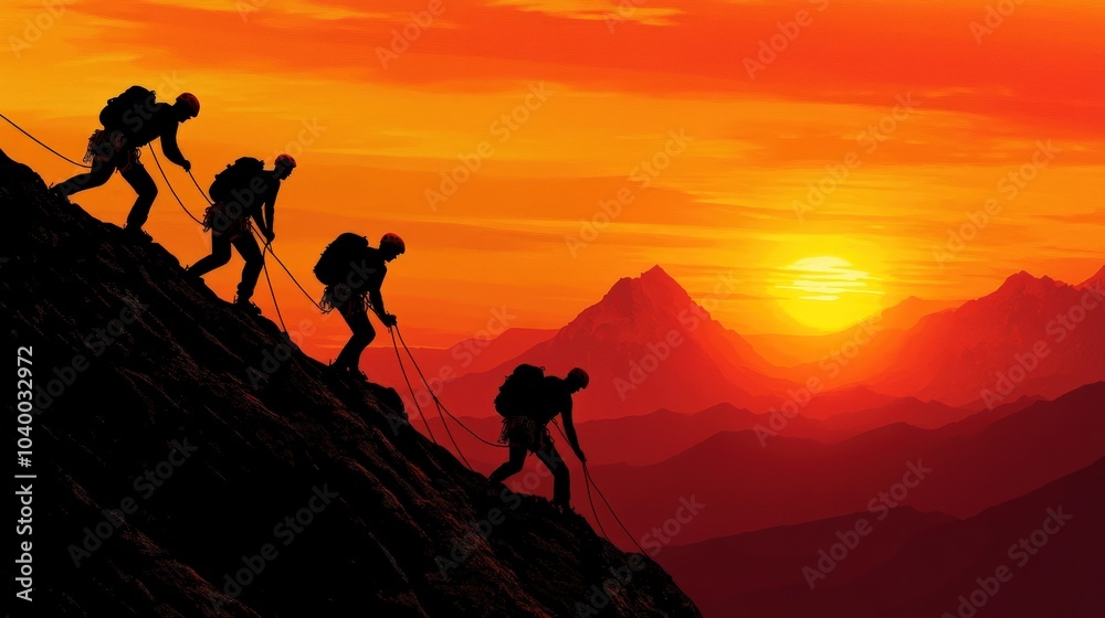 Fototapeta premium Silhouettes of four climbers ascending a mountain ridge at sunset.