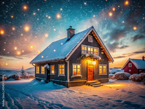 Historic Cottage in Hafnarfjordur, Iceland with Bokeh Effect for Winter Scenes photo