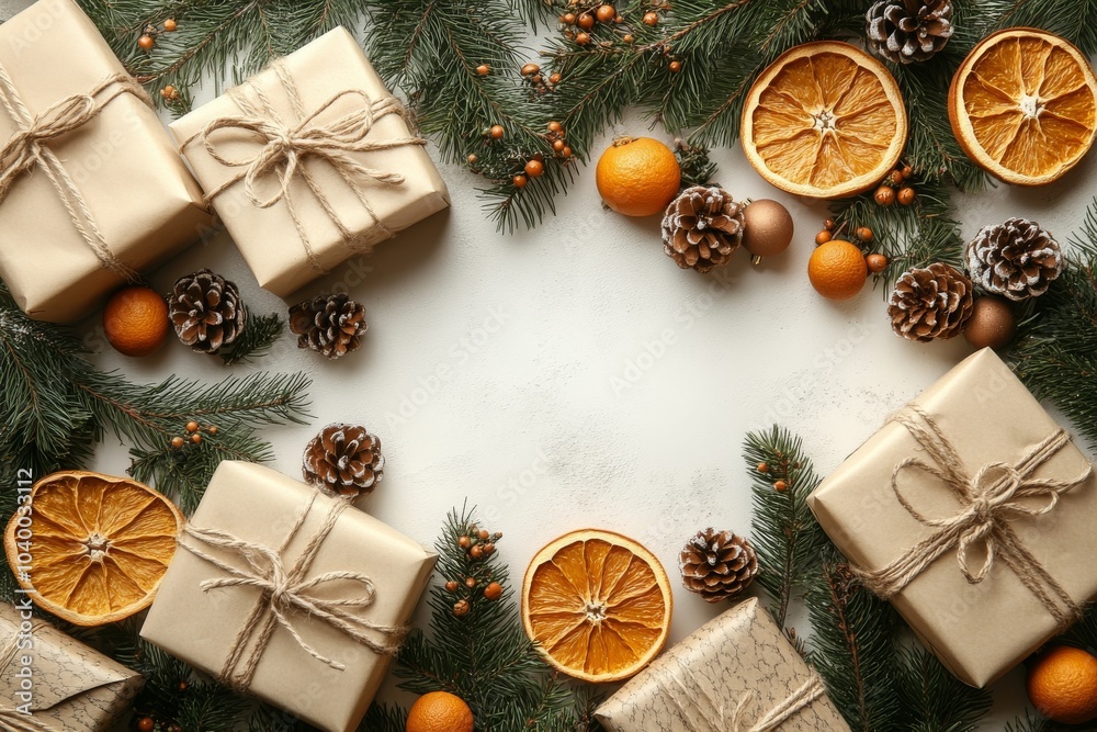 This composition features a Christmas gift wrapped in craft paper, dried orange and mandarin, anise stars, cinnamon, pine cones, and fir branches on a white background. This composition has a flat This composition features a Christmas gift wrapped in craft paper, dried orange and mandarin, anise stars, cinnamon, pine cones, and fir branches on a white background. This composition has a flat