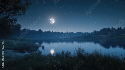 Serene Night Landscape with Moonlight Reflections