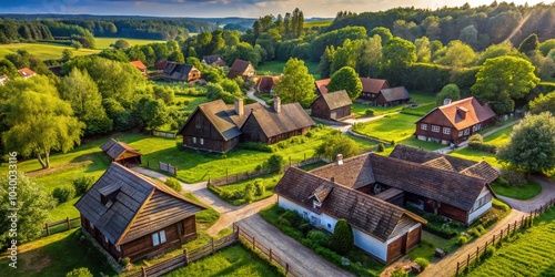 Historic Wooden Cottages and Well at Bedkowice Archaeological Reserve, Aerial View photo