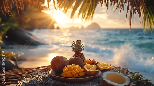 A cozy beach cabana surrounded by tropical foliage, a platter of freshly cut coconut, pineapple, and mango, gentle waves crashing in the background, warm sunlight casting a golden glow,