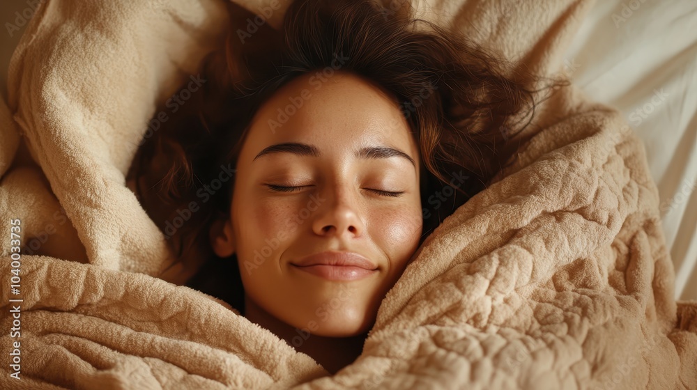 A serene image of a woman peacefully sleeping under a cozy beige blanket. The composition suggests warmth, comfort, and a sense of tranquility, capturing a relaxed moment. A serene image of a woman peacefully sleeping under a cozy beige blanket. The composition suggests warmth, comfort, and a sense of tranquility, capturing a relaxed moment.