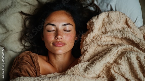 This soothing image captures a peaceful woman with closed eyes enveloped in soft textured blankets, evoking a sense of warmth, relaxation, and tranquility. photo