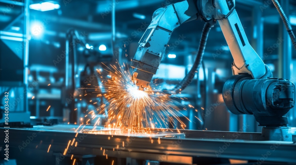 A robot conducting advanced welding tasks in a high-tech automotive manufacturing plant with clean, organized welding stations and sophisticated equipment, Welding tech style A robot conducting advanced welding tasks in a high-tech automotive manufacturing plant with clean, organized welding stations and sophisticated equipment, Welding tech style
