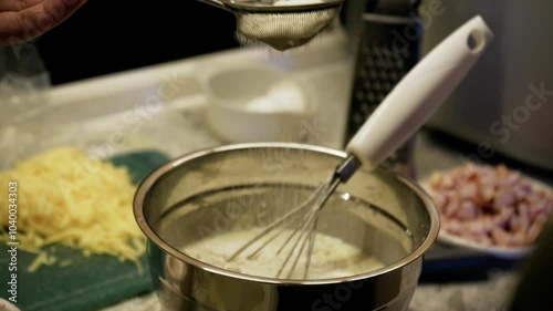 A young woman demonstrates the full process of preparing savory Belgian waffles, from sifting flour to mixing the batter. She slices bacon and cheese, ready to create a delicious breakfast treat. photo