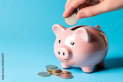 Primer plano de una mano colocando monedas en una alcancía sobre un fondo azul claro, una fotografía de stock minimalista en el estilo de fotografía de producto.