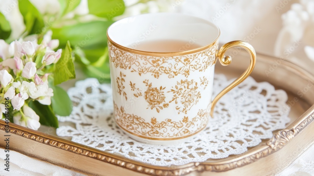 Elegant Tea Cup on a Decorative Tray with Flowers Elegant Tea Cup on a Decorative Tray with Flowers